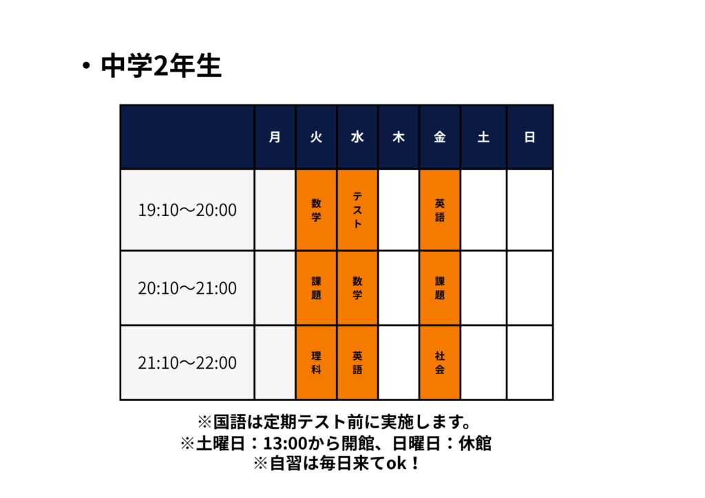 寺村進学塾中学2年生時間割