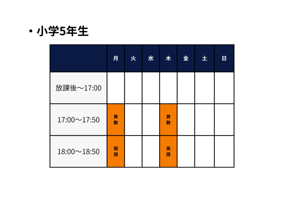 寺村進学塾東花園校小学校5年生の時間割