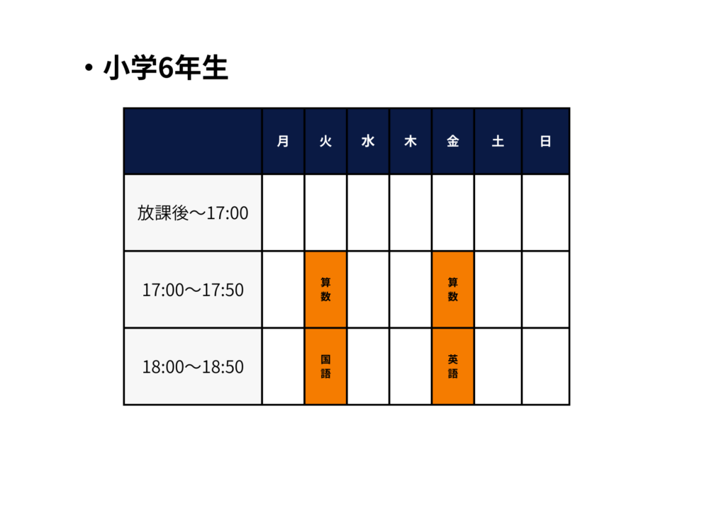 寺村進学塾東花園校小学校6年生の時間割